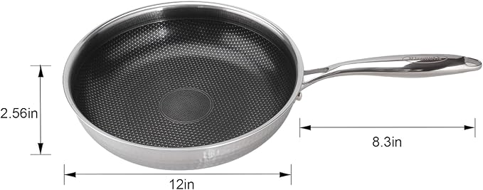 Hybrid 12 inch Stainless Steel Non Stick Skillet,Frying Pans Nonstick, PFOA Free Cookware, Dishwasher and Oven Safe, Induction Compatible