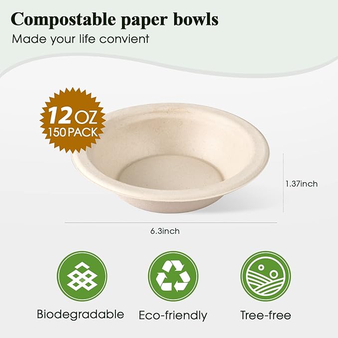 ECOLipak 150 Pack Compostable Disposable Paper Bowls, 12 OZ Bagasse Heavy duty Biodegradable Eco Friendly Sugarcane Soup Bowls for Salad Dessert(Nature)