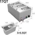 Valgus Commercial Grade Stainless Steel 3 Sections 17 Qt Bain Marie Food Warmers Electric Countertop Steamer with Lid and Tap for Parties, Banquet and Catering Events