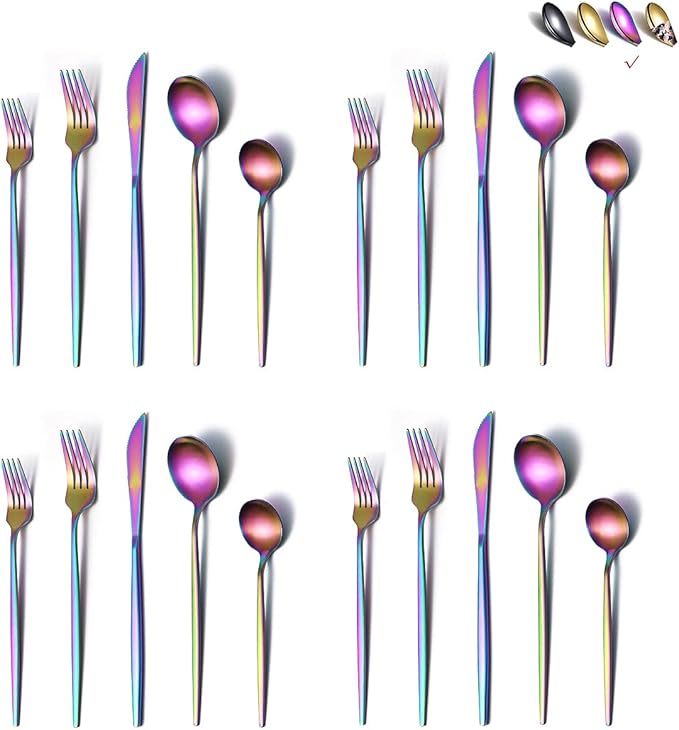 Matte Rainbow Flatware Set 40 Pieces, Stainless Steel Colorful Silverware Set, Titanium Plating Matte Rainbow Cutlery Set, Matte Rainbow Utensil Sets, Service Set for 8 (Matte Rainbow)