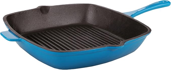BergHOFF 5Pc Neo Enameled Cast Iron Cookware Set, 3qt. Dutch Oven, Fry Pan 11", Grill Pan 10", Black Slotted Steak Press, Matching Lid,Oven Safe Up To 400°F, Blue