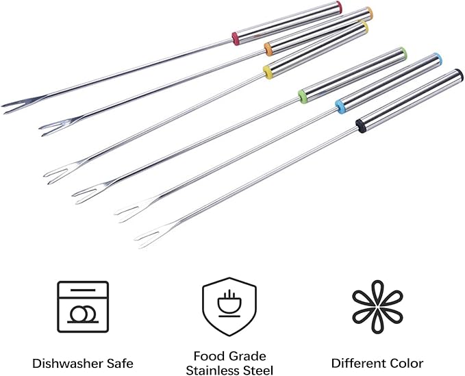 12Pcs Stainless Steel Fondue Forks, 6 Color Cheese Fondue Forks with Heat Resistant Handle, Smores Sticks for Chocolate Fountain Roast Marshmallows Dessert Fruits(9.5 Inch)