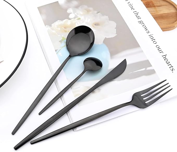 24-Piece Mirror Black Cutlery Set, Snplowum Stainless Steel Flatware Hanging Tableware Silverware Set Include Knife/Fork/Spoon/Teaspoon and Storage Rack For Daily Use, Service For 6