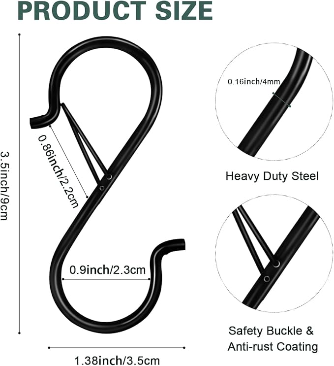 20PCS S Hooks for Hanging,3.5 Inch Heavy Duty Closet Hooks with Safety Buckle,Closet Hooks Hanging for Plants,Clothes,Kitchen Utensil,String Lights,Handbags,Belt, Hat, Cup, Tie (Black)