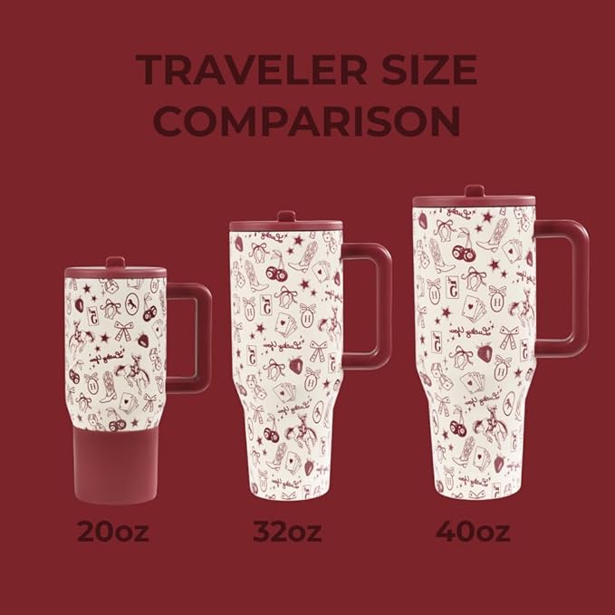 HydroJug Traveler - 20 oz Water Bottle with Handle & Flip Straw - Fits in Cup Holder, Leak Resistant Tumbler-Reusable Insulated Stainless Steel & Rubber Base - Gifts for Women & Men, Red Western Charm