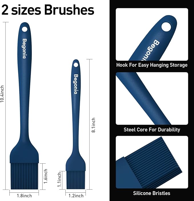 Pastry Brush-Begonia Silicone Basting Brush for Cooking,2pcs 10+8 in Heat Resistant Food Brushes for Baking, Grilling, Cooking and Spreading Oil (Prussian Blue)