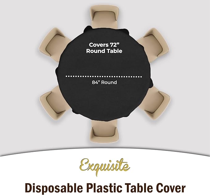 Exquisite Party Solids 12-Pack Premium Plastic Tablecloth 84in. Round Table Cover - Black