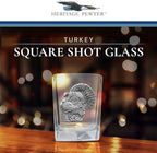 Heritage Pewter Turkeys Square Shot Glass | Hand-Sculpted 1.5 Ounce Shot Glass | Intricately Crafted Metal Pewter Inlay