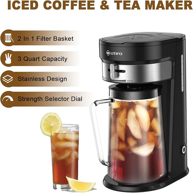 LITIFO Iced Tea Maker and Iced Coffee Maker Brewing System with 2.5-quart Pitcher, sliding strength selector for Taste Customization, Stainless Steel (Black 2.0)