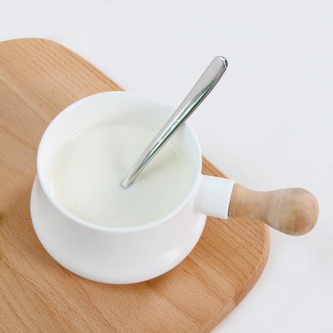 DOITOOL Butter Warmer, 380ml Enamel Milk Pot for Stove Top, Small Sauce Pan with Wooden Handle, Butter Melting Pot Milk Pan, Small Soup for Home Kitchen Cooking Heating Boiling