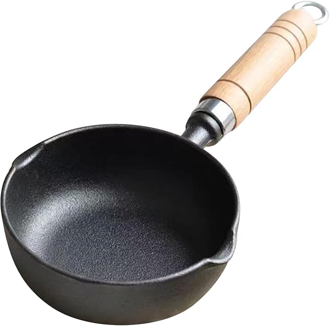 Cast Iron Melting Pot, 4.3 inch Mini Egg Frying Pan Oil Heating Pan Milk Butter Warmer Pot with Wood Handle for Home Kitchen