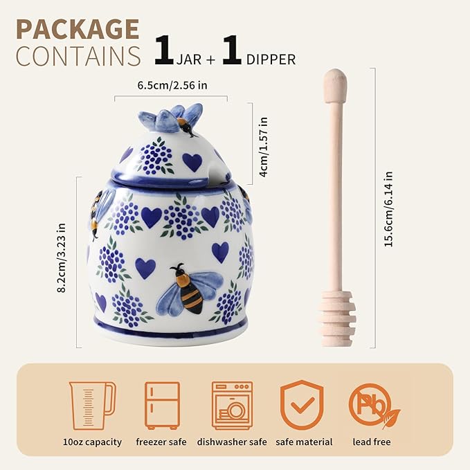 ZOOBEE Ceramic Honey Pots with Dipper and Lid Farmhouse Style,10oz Honey Jar with Dipper,Handpainted Honey Jars with Bees,Easily Wash-Deep Love