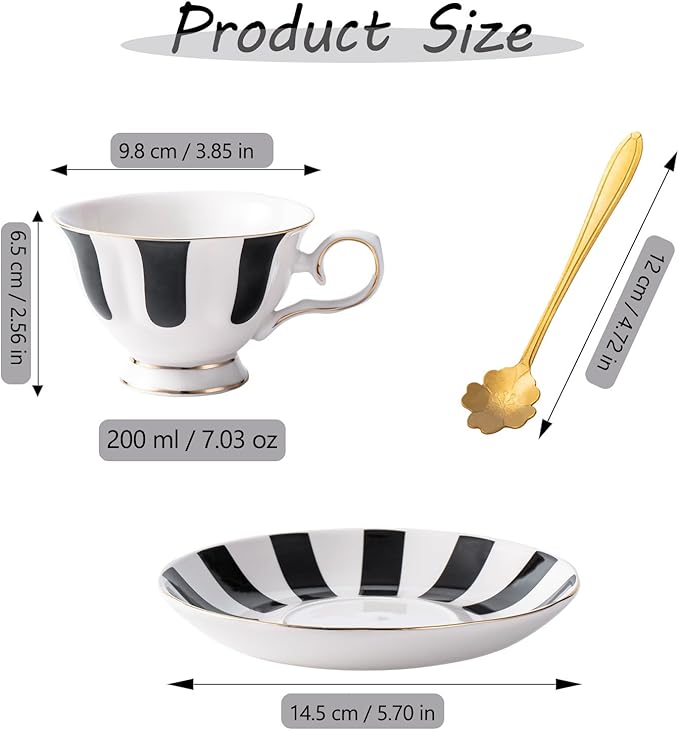 3-Piece Checkered Coffee Cup and Saucer Set with Spoon, 7oz Bone China Porcelain, Black-and-White Vintage Mug Set for Home Office and Afternoon Tea, Elegant Gift Choice