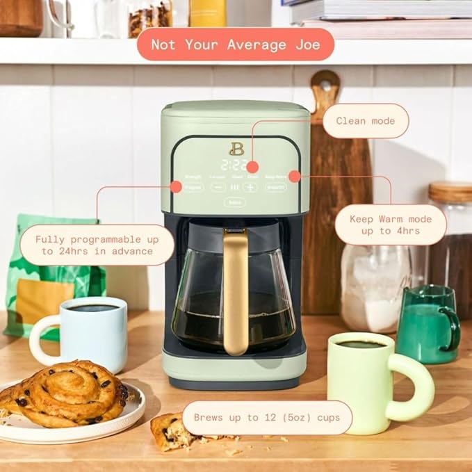 Beautiful 12-Cup Programmable Coffee Maker with Touch Activated Display, Auto Brew Timer, Reusable Filter & Large Glass Carafe (Sage Green)