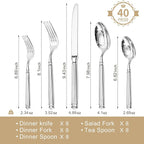 KINGSTONE Silverware Set, 18/10 Stainless Steel Flatware Set - Roman Column Embossed Thick Handle, for Wedding, Home, Restaurant, Camping and Party, Mirror Polish & Dishwasher Safe (40-Piece)