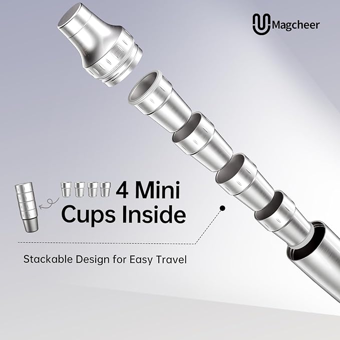 Hybrid Cocktail Shaker Set with Stackable Cups | Vacuum Insulated Stainless Steel Martini Shaker & Bartender Tools | Travel-Ready Kit | 30oz | Silver