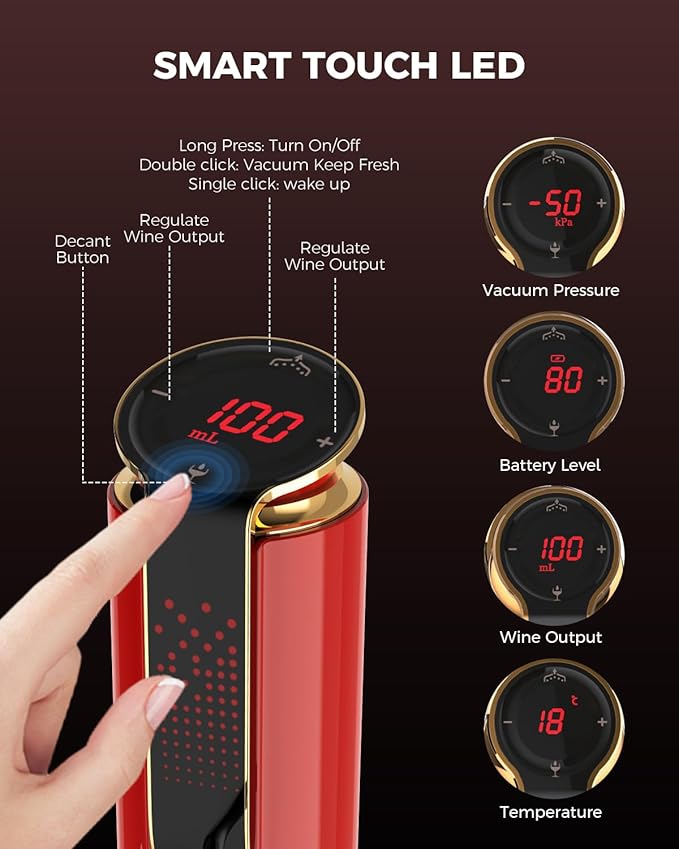 Luxurious 3-in-1 Electric Wine Aerator, Decanter, Dispenser & Vacuum Pump. Touch Screen LED Display - Wine Preservation System with Temp Monitor, Gift for Wine Lovers Women Men (Red)