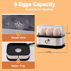 Rapid Egg Cooker, 6 Eggs Capacity Egg Boiler, Hard, Medium, Soft Boiled Egg Poacher with Auto Shut-Off and Alarm, Stainless Steel Electric Egg Steamer for Home Kitchen (Black)