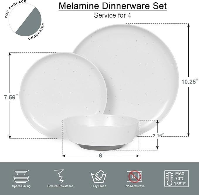 Webbylee 12-Pieces Melamine Dinnerware Set - Unbreakable Plates & Bowls Set for 4, Lightweight Kitchen Dishes Idear for Camping, Picnic, Party,White & Grey