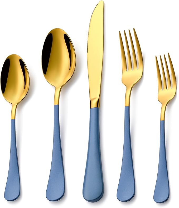 20 Piece Gold and Blue 18/0 Flatware Utensil Set for 4, Include Dinner Knife,Dinner Forks,Dinner Spoons,Salad Forks,Teaspoons,Silverware Set for 4, Dishwasher Safe