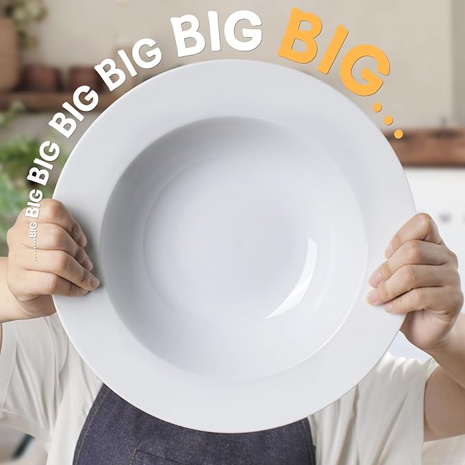 Pasta & Salad Bowls - 40oz White Ceramic Soup Plates - Set of 4, Large Pasta Plates, Wide Rimmed, Microwave & Dishwasher Safe