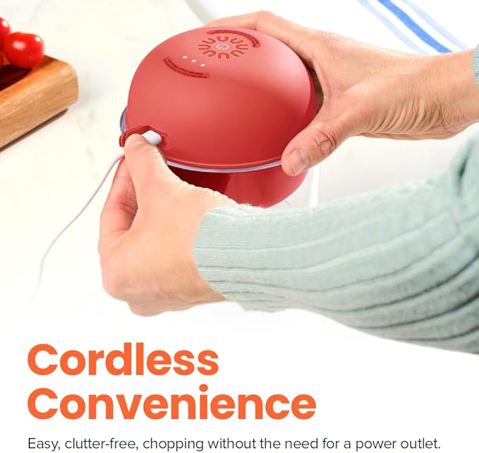 Choppi Cordless Electric Vegetable Chopper & Mini Food Processor for Dicing, Shredding, Mincing, and Puree, Portable and Rechargeable, 2-Cup, 500 mL, 4000 mAh Battery, Cherry Red