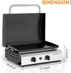 2 Burner BBQ Gas Griddle with Hood, 17.3 Inch Stainless Steel Portable Detachable Propane Griddle, 30,000 BTU Flat Top Barbecue Grill with Lid for Camping