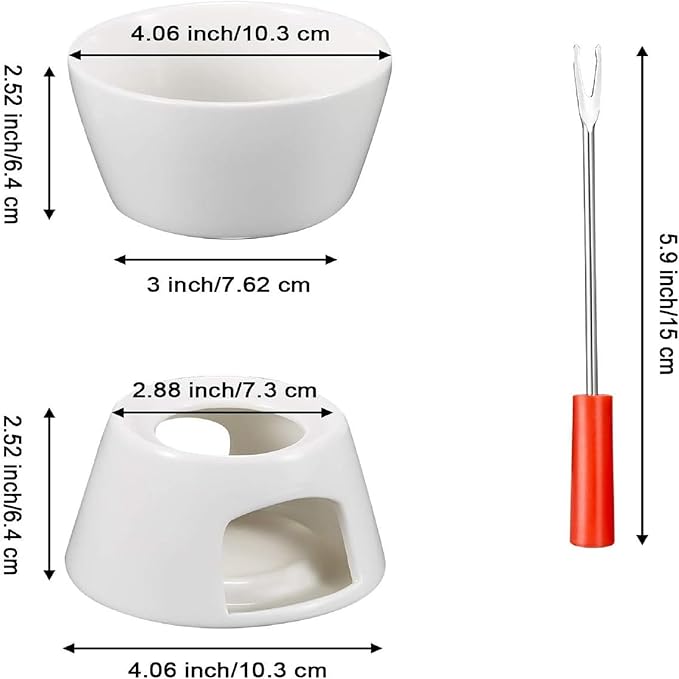 Mudder 2 Pieces Fondue Mug Ceramic Pot and 8 Pieces Forks Set for Melting Chocolate, Cheese, Broth Or Tapas On Valentine's Day, White