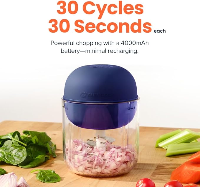 Choppi Cordless Electric Vegetable Chopper & Mini Food Processor for Dicing, Shredding, Mincing, and Puree, Portable and Rechargeable, 2-Cup, 500 mL, 4000 mAh Battery, Blue