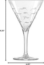 Rolf Glass School of Fish Martini Glass | Stemmed 7.5 oz. Martini Glasses | Lead-Free Glass | Diamond-Wheel Engraved Cocktail Glasses | Made in the USA (Set of 4)