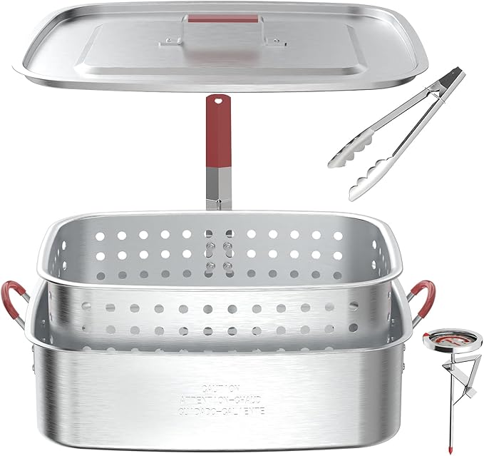Deep Fryer Pot 18QT | Fish Fryer Pot with Basket | Heat-Resistant Silicone Handles | Lid & Fryer Tong & Thermometer | Outdoor Fryer Pot for Frying Fish, French Fries, Chicken Wings | Foldable Aluminum