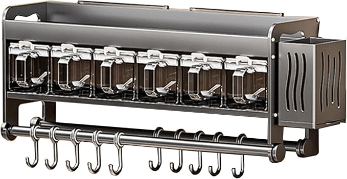 Hanging Wall Mount knife Wall Mount,Condiment Cup, Space-Saving Knife Rack with Hooks, Kitchen Organizer Storage Shelf for Utensils Spatula Spoon, Kitchen Utensil Hanger (Grey, 40cm+5Cups+8Hooks)