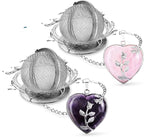2pcs Tea Infuser Tea Strainers for Loose Tea Amethyst & Rose Quartz Crystal Heart Pendant Infinity Love Heart Couple Handmade Gemstone Tea Ball Set Gifts for Women Gifts for Mom