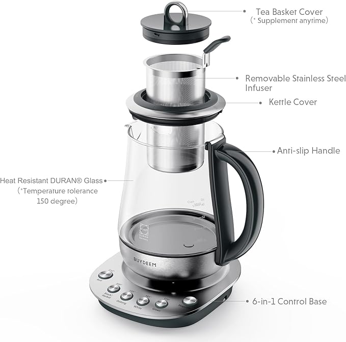 BUYDEEM K2423 Tea Maker, 316 Stainless Steel & Heat Resistant DURAN Glass Electric Kettle, Removable Infuser, Auto Keep Warm, 1.2L