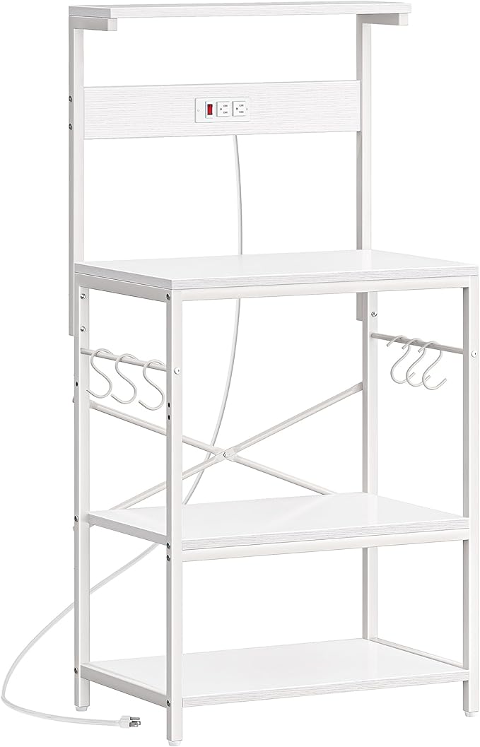 SUPERJARE Kitchen Bakers Rack with Power Outlet, Coffee Bar Table 4 Tiers, Kitchen Microwave Stand with 6 S-Shaped Hooks, Storage Shelf Rack for Spices, Pots and Pans - White