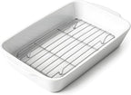 Casserole Dish with Roasting Racks, 3 QT Baking Dish with Handles, White Bakeware, Ceramic Baking Pan, Microwave Oven Safe, Dinner, Wedding (13.6"*8.7")