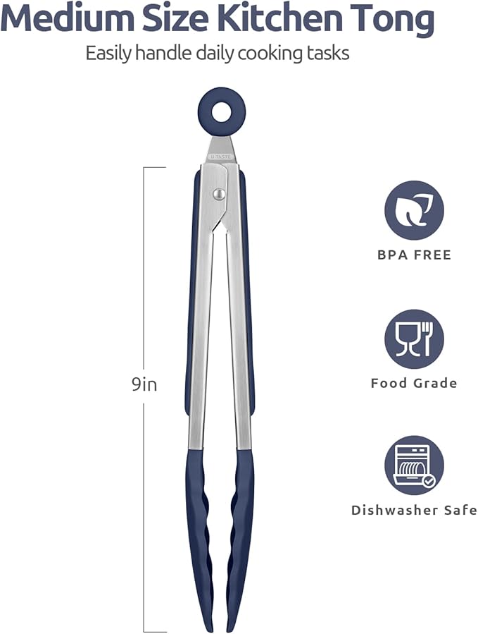 600ºF Heat Resistant Kitchen Tongs: U-Taste 9 in Silicone Cooking Tong with Firm Sealed Non Stick Rubber Tips & Silicon Coated 18/8 Stainless Steel Handle & Smooth Lock for Serving Grill-Midnight Blue