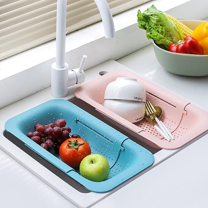 Collapsible Sink Colanders and Strainers Basket Over the Sink Colander Collapsible Colander Extendable Plastic Fruit Vegetable Strainer Drainer Basket for Kitchen(Length 14.3 inch-19.4 inch) (Pink)