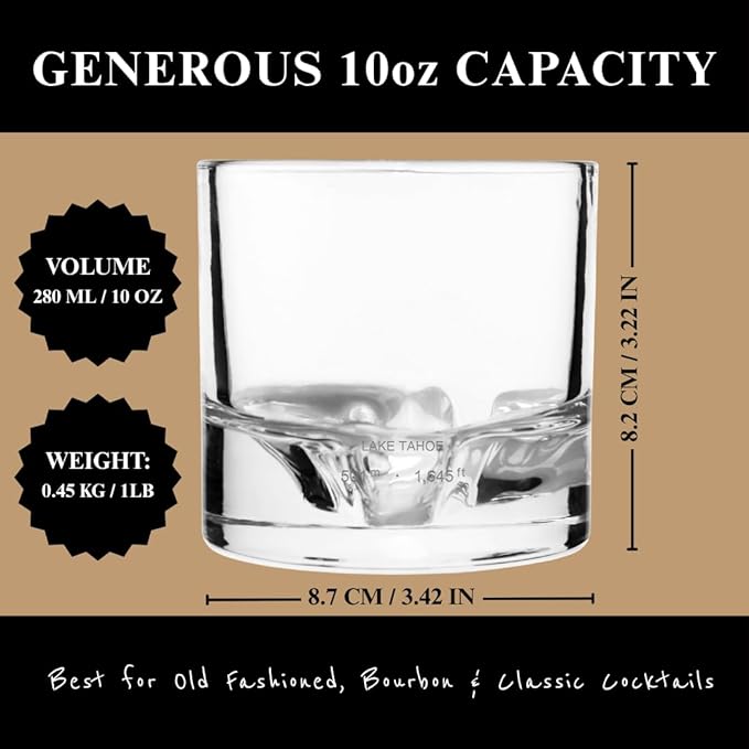 LIITON Lake Tahoe Heavy Crystal Whiskey Glasses Gift Set of 2, Thick Freezable Bourbon Glass 1lb Each, Premium Whiskey Gifts for Men, Frozen Crystal Chills Cocktails, 10 oz