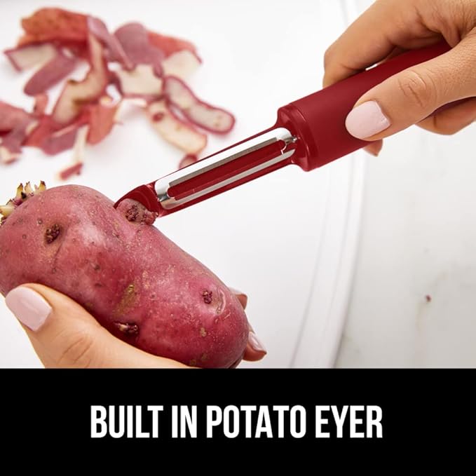 GORILLA GRIP Patented BPA-Free Sharp Stainless Steel Swivel Vegetable Peeler, Comfortable Handle Potato Peelers, Smooth Peeling, Peel Carrots Apple, Includes Blade Cover, Kitchen Tool, Red