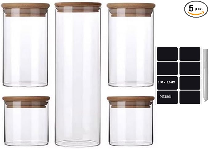 Glass Jars with Bamboo Lids [Muti Size Set of 5], Glass Canisters with Airtight Lids, Glass Food Storage Containers for Pasta, Oats, Coffee, Flour, Sugar, Rice, Best for Kitchen & Pantry