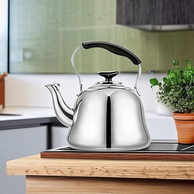 2L Whistling Stovetop Tea Kettle - Food Grade Stainless Steel Teapot with Fast Boil, Wide Mouth, Folding Handle, Ideal for Stove Top – Perfect for Tea, Coffee & Hot Water, Mirror Finished