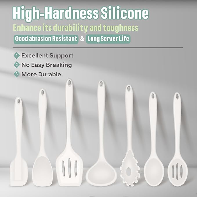 E-far Silicone Cooking Utensils Set, 7-Piece White Heat Resistant Kitchen Utensils Set, Kitchen Nonstick Tools Spatula Ladle Spoon Pasta Server for Non-stick Cookware, Non-Toxic & Dishwasher safe