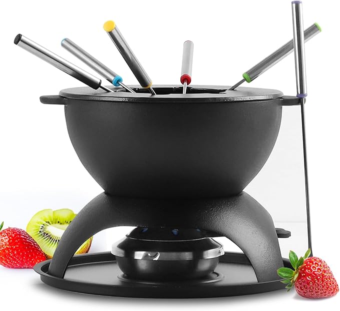 Artestia 5-Cup Cast Iron Fondue Pot for Chocolate, Cheese Fondue Pot with 6 Colored Forks for Fondue Party, 4-6 Person, Black