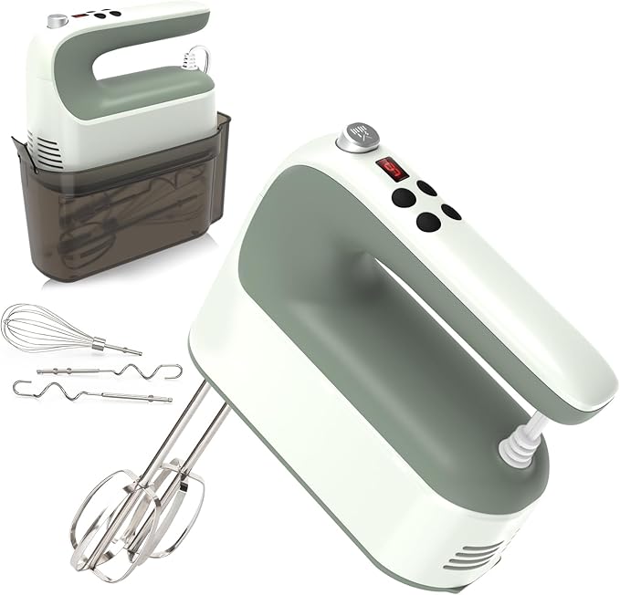 9-Speed Digital Hand Mixer Electric, 400W DC Motor, Hand Mixer electric Handheld with Snap-On Storage Case, Touch Button, Turbo Boost, 5x Stainless Steel Accessories (Light Green)