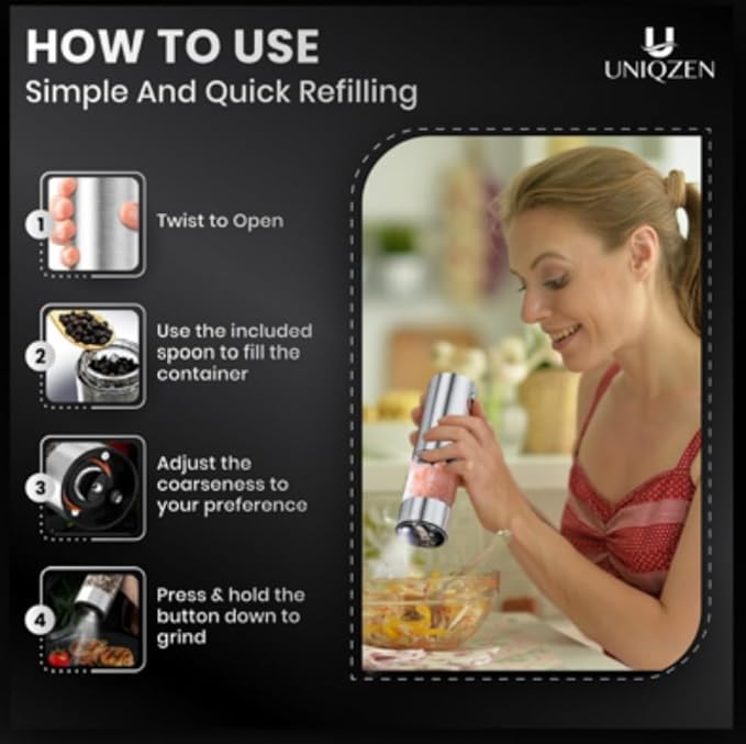 Electric Salt and Pepper Grinder Set – Rechargeable & Battery Operated, Automatic Stainless Steel Mills, Adjustable Coarseness, One-Handed Operation