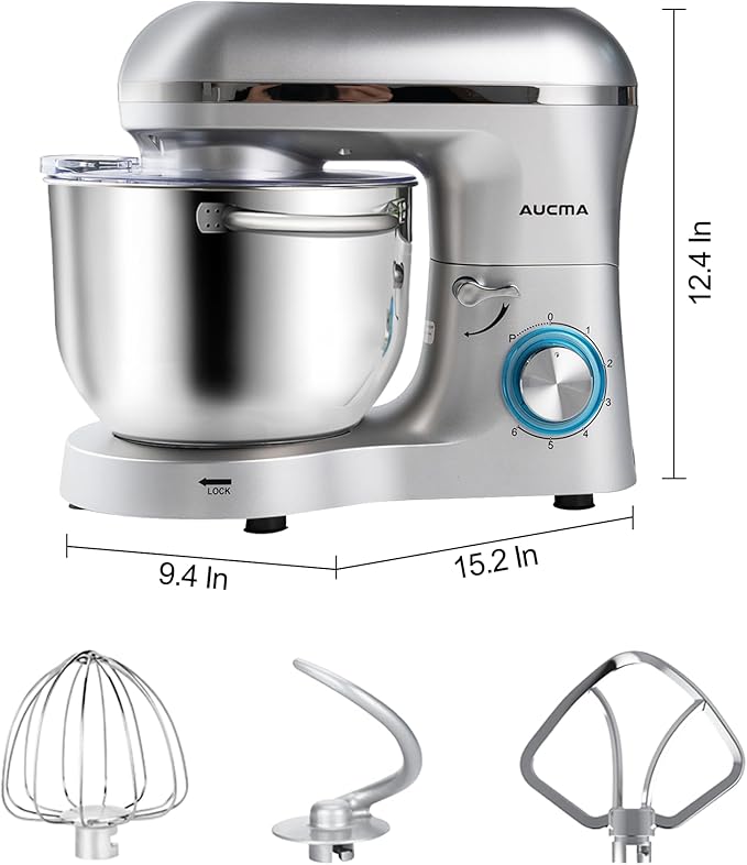 Aucma Stand Mixer,6.5-QT 660W 6-Speed Tilt-Head Food Mixer, Kitchen Electric Mixer with Dough Hook, Wire Whip & Beater (6.5QT, Silver)