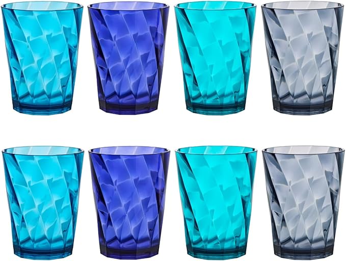 US Acrylic Optix Plastic Reusable Drinking Glasses (Set of 8) 14oz Rocks Cups in Coastal Colors | BPA-Free Tumblers, Made in USA | Top-Rack Dishwasher Safe