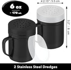 CUSINIUM 6oz Black Stainless Steel Salt Pepper Dredge Shakers - With Plastic Cap - With Handle - Pack of 2