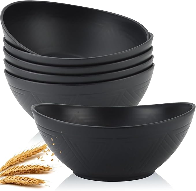 Homienly Wheat Straw Bowls Set of 6, 60 OZ Salad Bowl Large Capacity for Soup, Popcorn - Unbreakable Serving Bowl - Microwave & Dishwasher Safe Bowl, Alternative for Plastic Bowls for Kitchen - Black